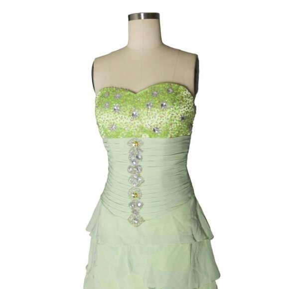 Vtg Green US 4 S Gemstone Tiered Beaded High Low Ruched Bodice Prom Gown Dress - Picture 4 of 5